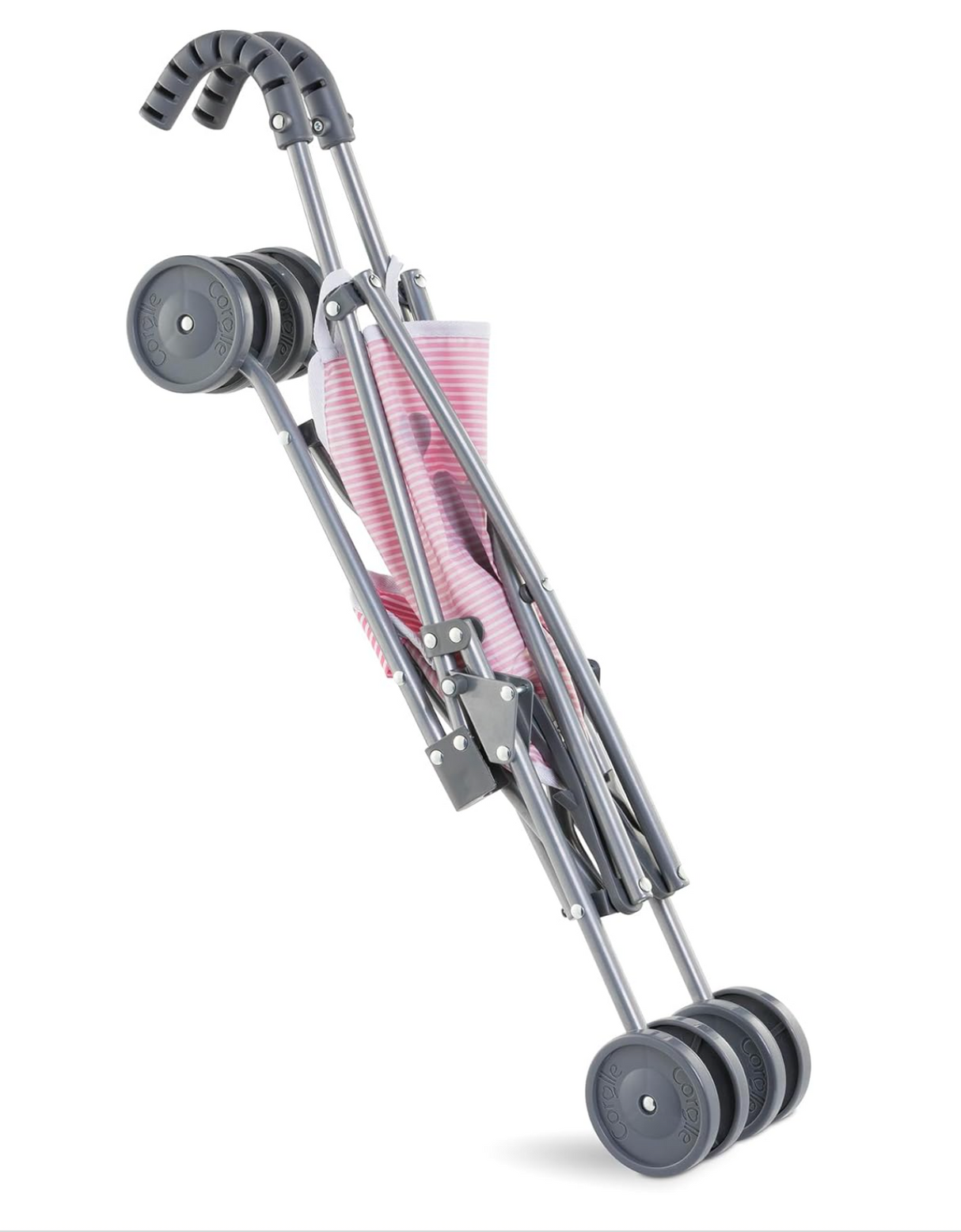 Folded Stroller Umbrella Pink Stripe with gray wheels and handles, designed for 14”-17” dolls, perfect for kids' imaginative play.