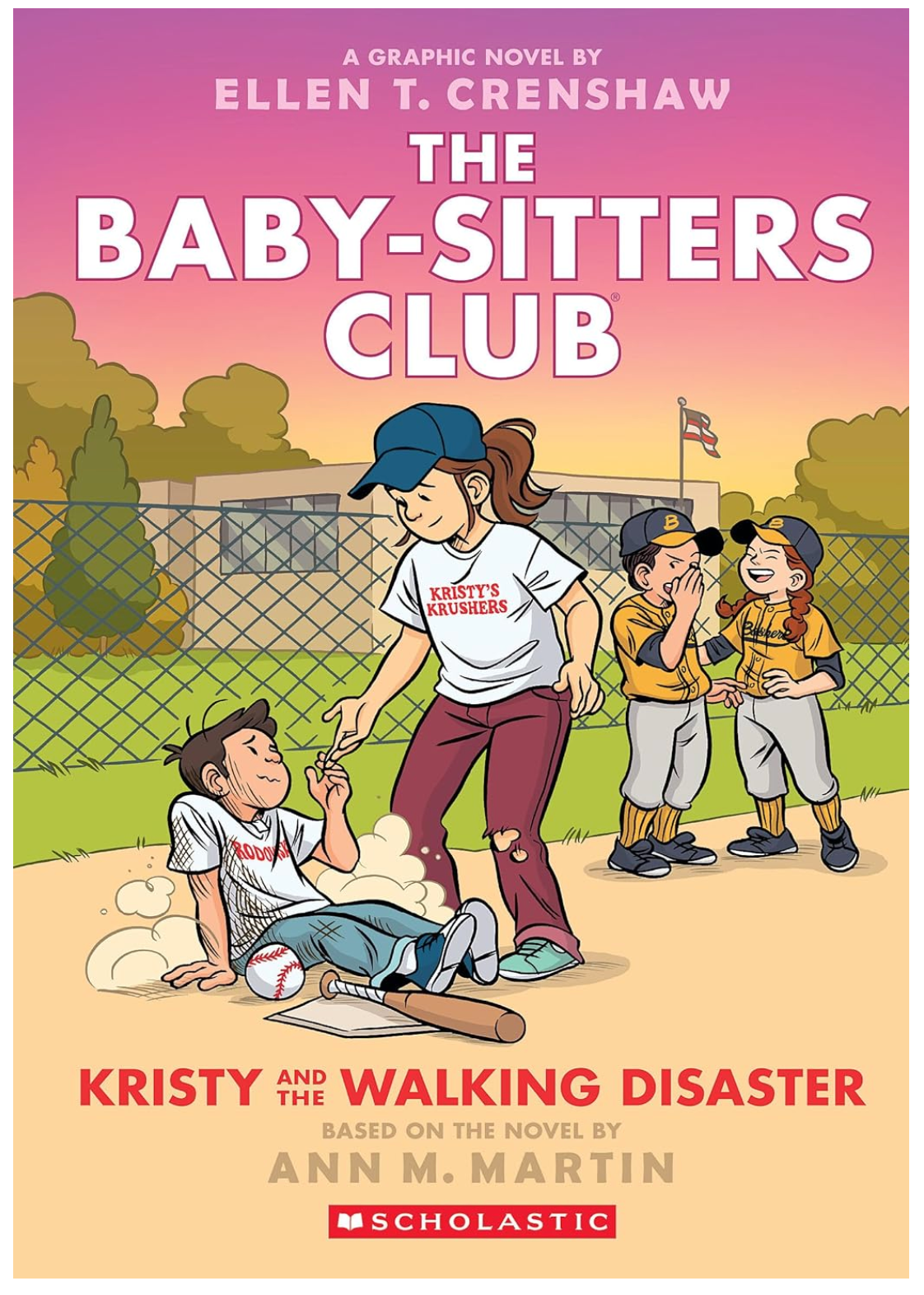 Cover of Babysitter's Club #16: Kristy and the Walking Disaster showing kids playing baseball at sunset.