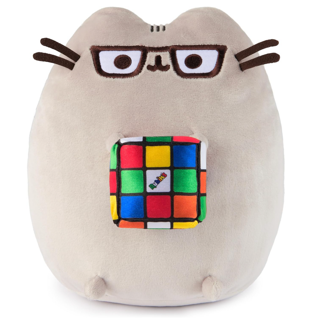 Pusheen with Rubiks Cube plush wearing glasses holding a soft satin scrambled Rubik’s Cube toy.