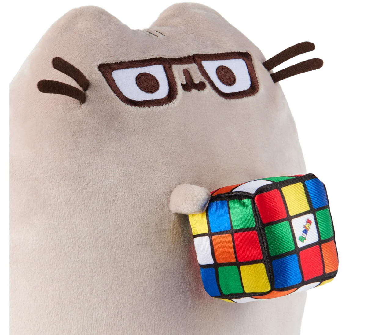 Pusheen with Rubiks Cube plush wearing glasses and holding a soft satin scrambled Rubik’s Cube toy.
