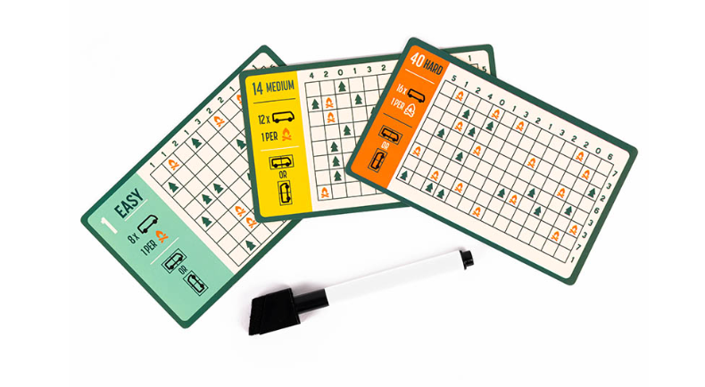 Happy Camper Logic Puzzles reusable puzzle cards and dry-wipe pen for problem solving on the go.