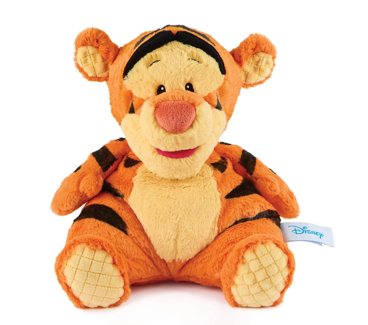 Oh So Snuggly Tigger plush with soft orange fur, black stripes, pastel yellow belly, and embroidered details.