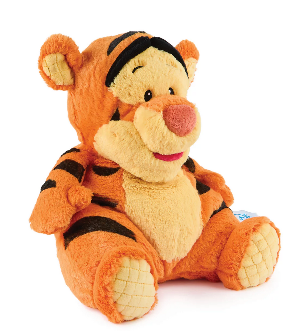 Oh So Snuggly Tigger plush with soft orange fur, black stripes, pastel yellow belly, and floppy seated design.