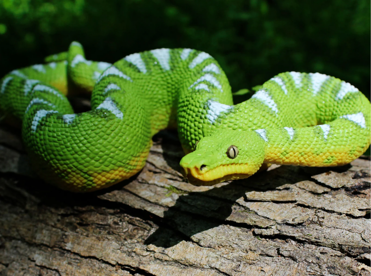 Emerald Tree Boa toy snake figure with vibrant green body, yellow underbelly, and white markings on a log.
