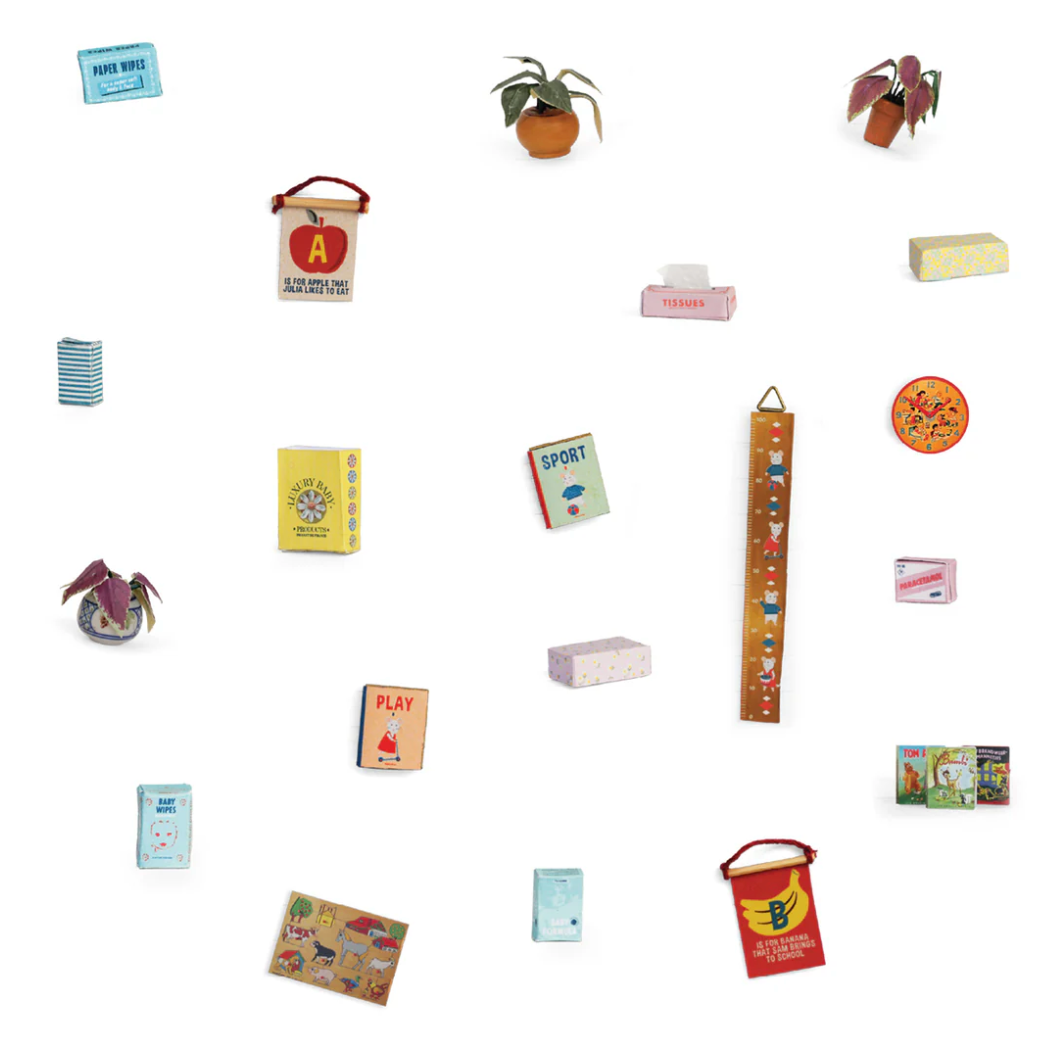 Sam & Julia | Diecuts: Nursery miniature paper books, plants, and toys for decorating a kids' bedroom.