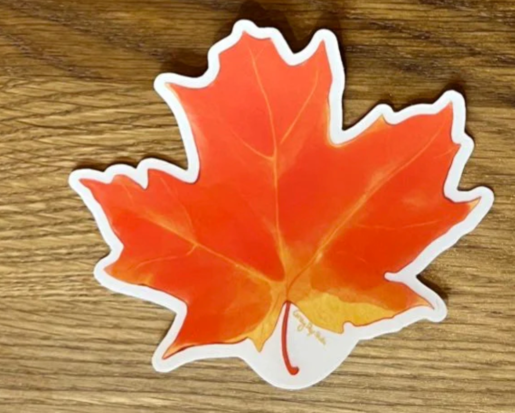 Maple Leaf Sticker with vibrant red and orange autumnal design on clear backing, perfect for fall decoration.