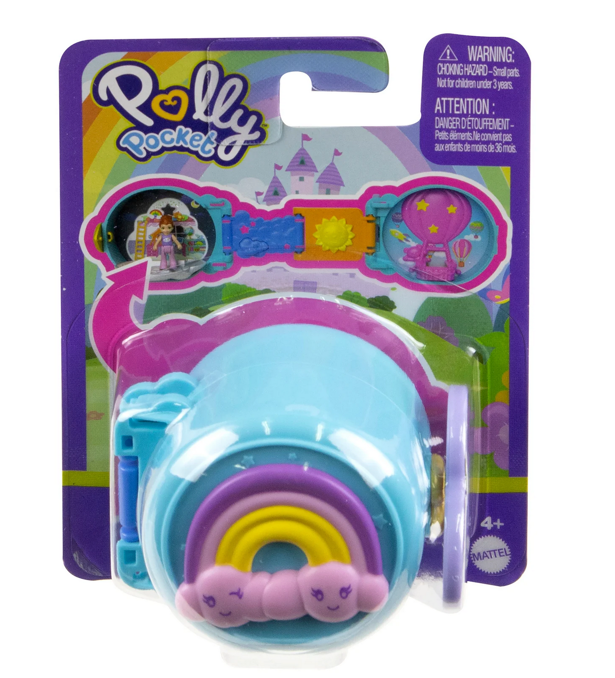 Polly Pocket On the Go Fun compact with rainbow cloud theme, tiny playset includes doll and moving features for kids 4+.