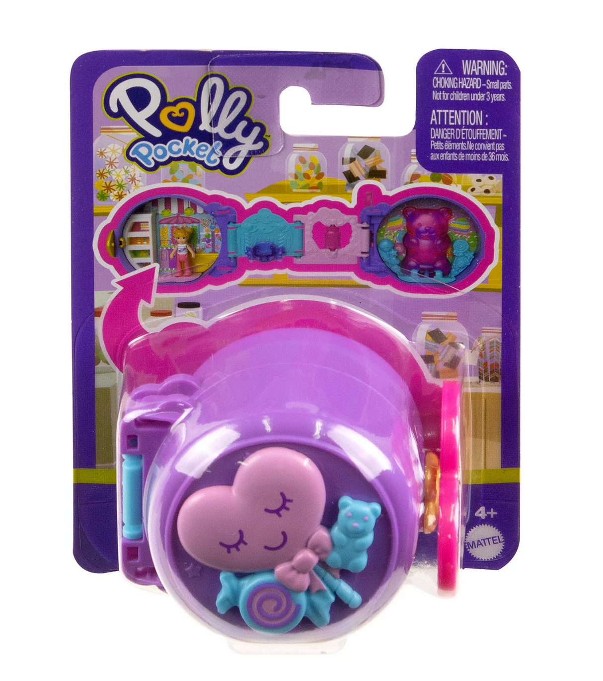 Polly Pocket On the Go Fun compact playset with heart, teddy bear, and candy-themed design for portable adventures.