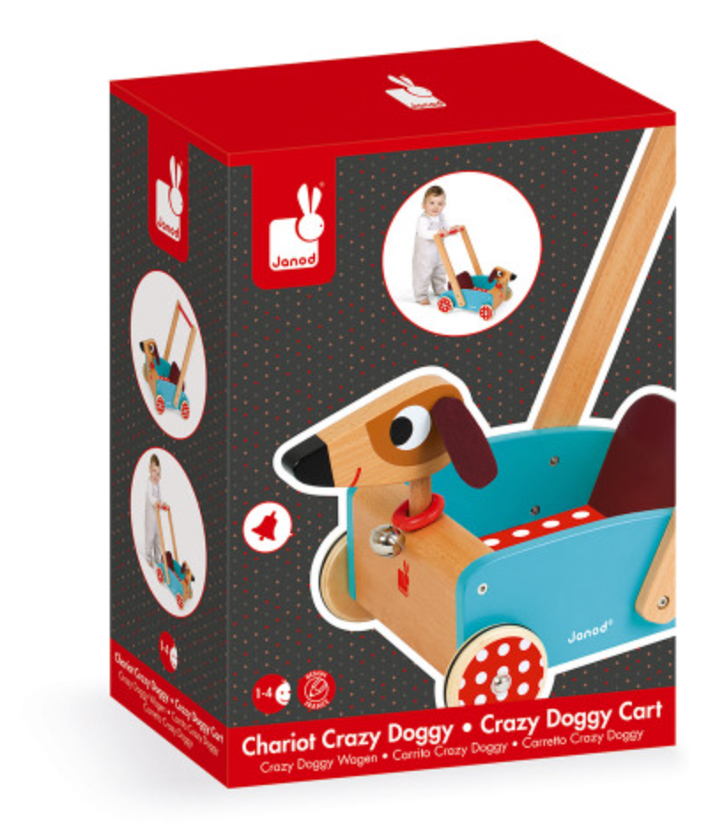 Packaging of the Crazy Doggy Cart, a solid wood push toy for toddlers with rubber wheels and felt ears.