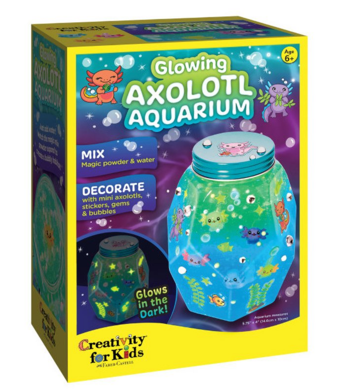 Glowing Axolotl Aquarium kit with mini axolotls, glow in the dark stickers, and bubbly aquatic habitat.