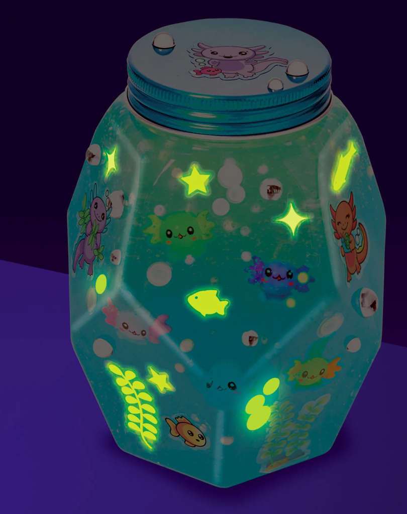 Glowing Axolotl Aquarium with glowing aquatic habitat, decorated with glow in the dark stickers and axolotl figures.