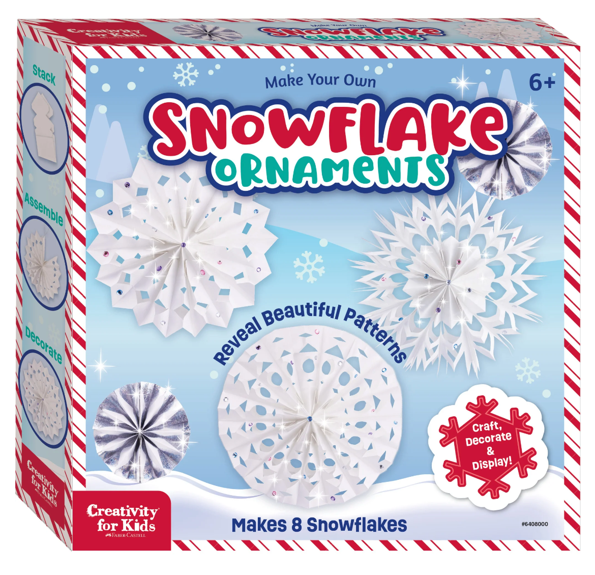 Make Your Own Snowflake Ornaments craft kit with materials to create and decorate 8 unique paper snowflake designs.
