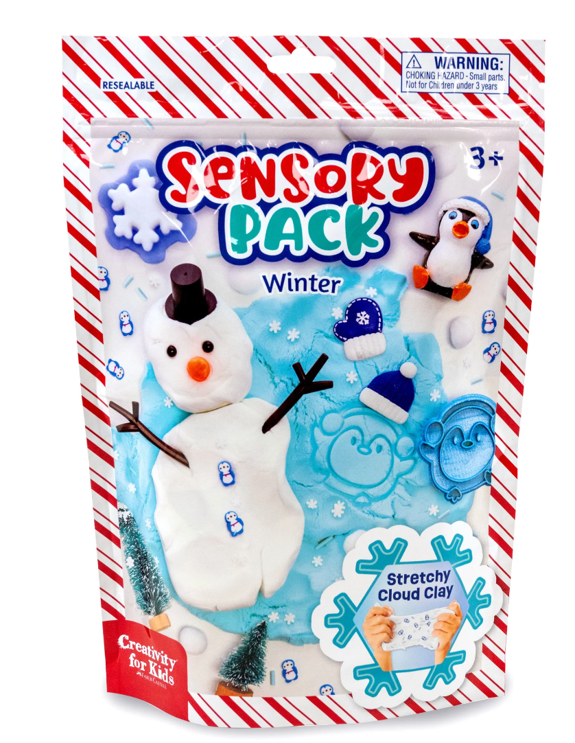 Sensory Pack | Winter with stretchy cloud clay, snowman, penguin, and winter-themed sensory toys for ages 3 and up.