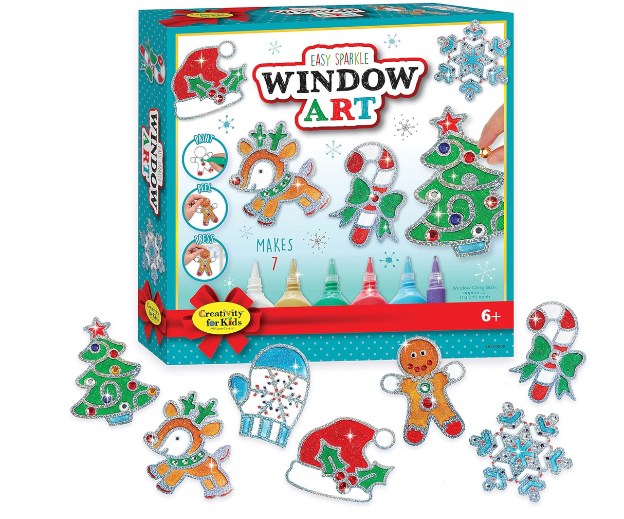 Easy Sparkle Holiday Window Art kit with 7 festive designs, paints, rhinestones, and wiggly eyes for holiday window craft fun.