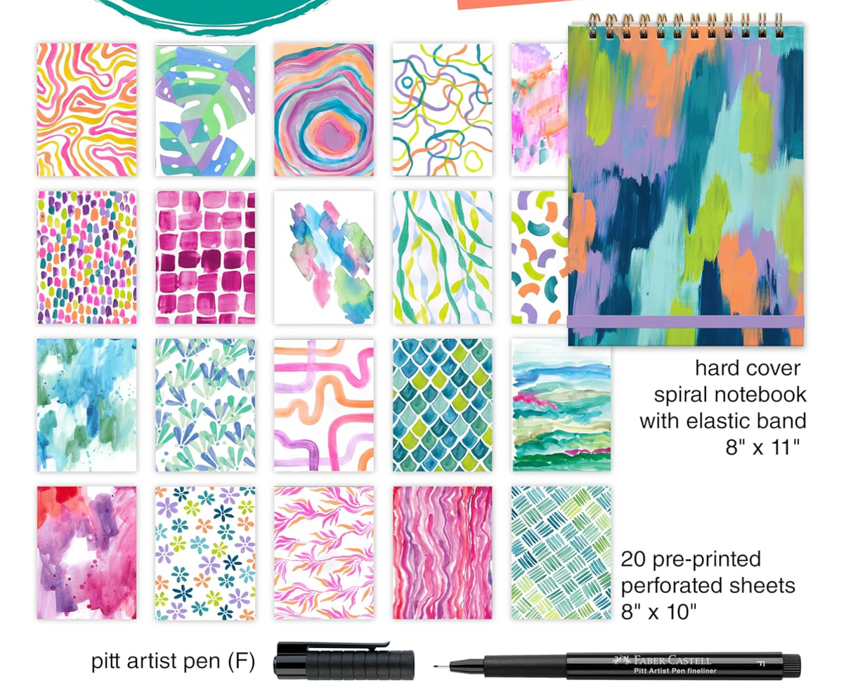 Reverse Coloring & Doodling | Brights spiral notebook with 20 colorful watercolor sheets and Pitt artist pen.