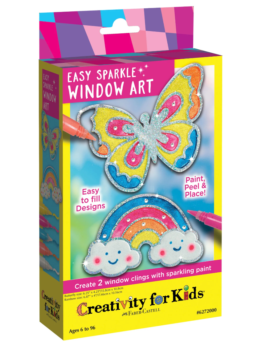 Easy Sparkle Window Art kit with glitter paint and rhinestones to create butterfly and rainbow window clings.