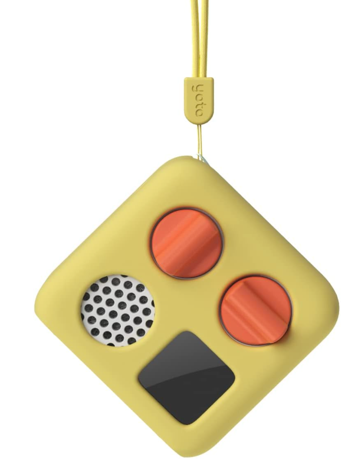 Yoto Mini Adventure Jacket Sweet Corn in yellow silicone with wrist lanyard protecting Yoto Mini device.