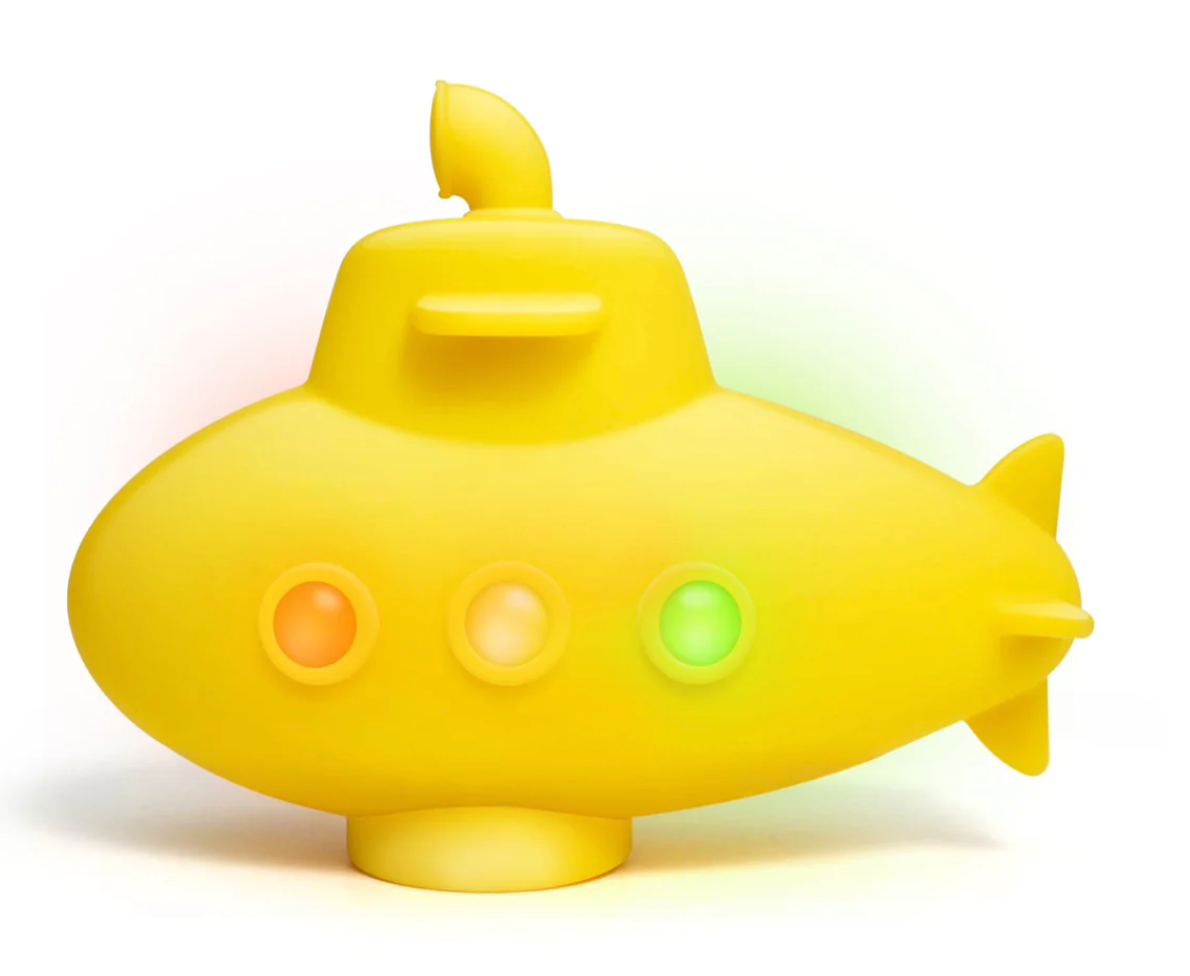 Yellow Tub Sub bath toy glowing with colorful lights, designed for fun in water for ages 3 and up.