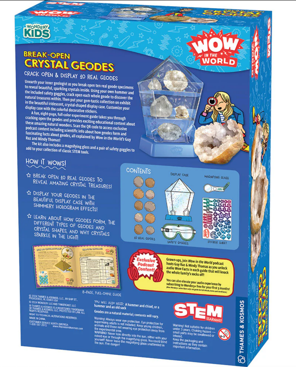 Break Open Crystal Geodes kit packaging showing 10 geodes, display case, magnifying glass, and safety goggles.