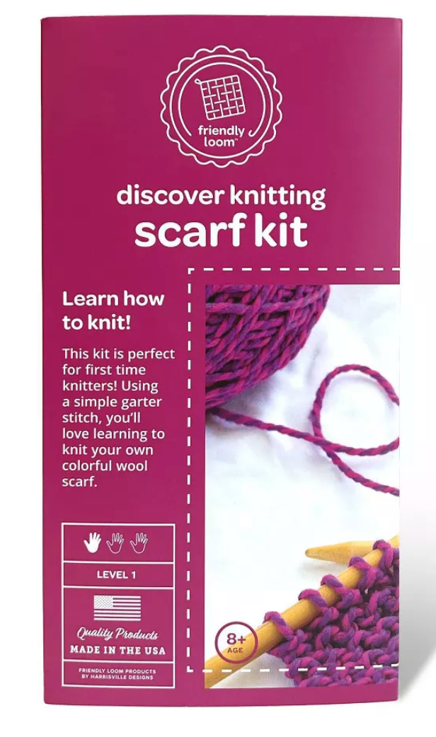 Discover Knitting Scarf Kit | Pink with wooden needles and pink wool yarn for beginner knitters age 8 and up.