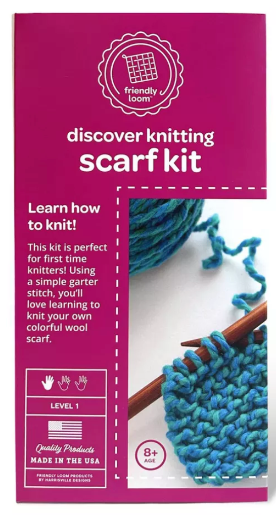 Discover Knitting Scarf Kit | Blue showing blue wool yarn and wooden knitting needles with garter stitch.