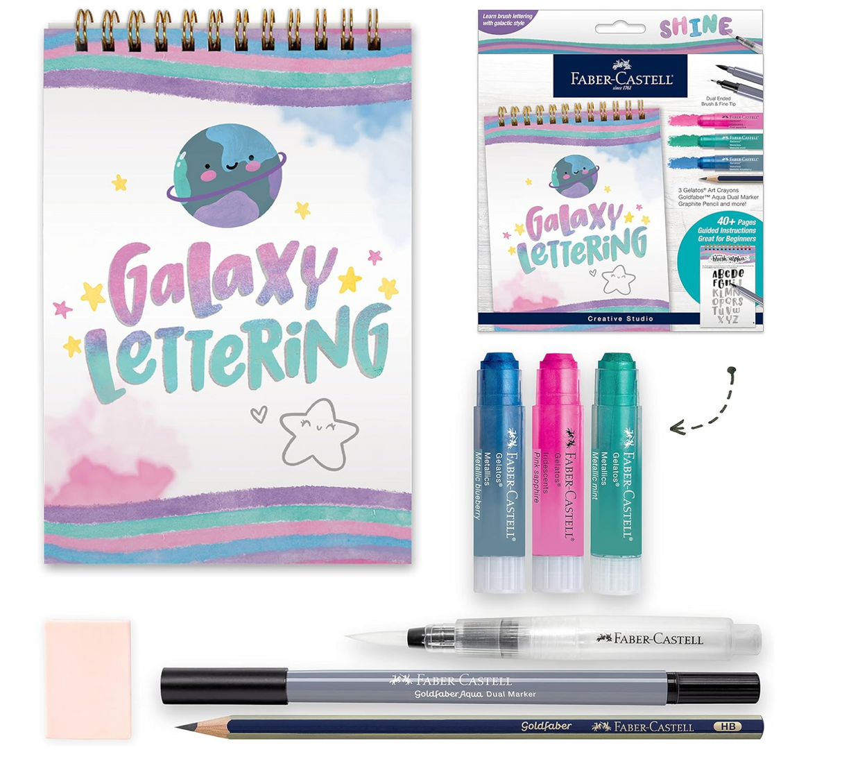 Galaxy Lettering Kit with spiral bound activity book, Gelatos Art Crayons, water brush, markers, pencil, and eraser for brush lettering.