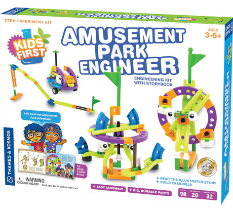 Amusement Park Engineer STEM kit with colorful plastic building pieces and storybook for kids ages 3 and up.