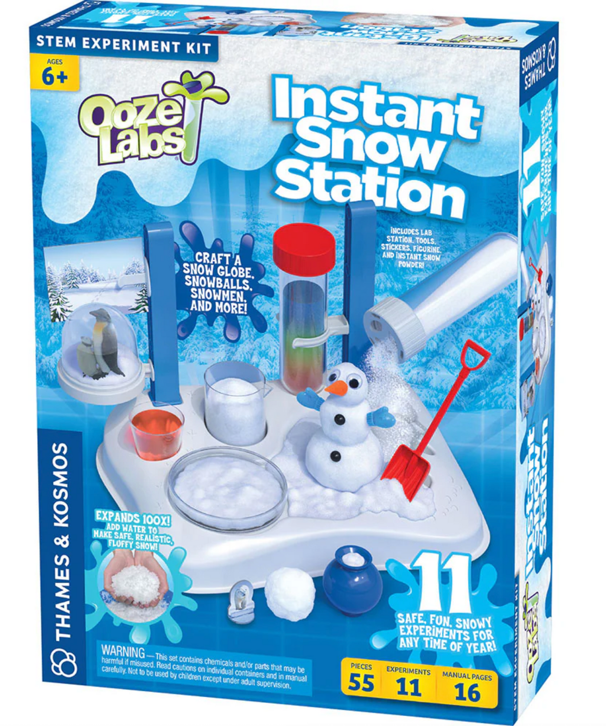 Ooze Labs Instant Snow Station STEM kit with tools to create snowmen, snowballs, and conduct fun science experiments.