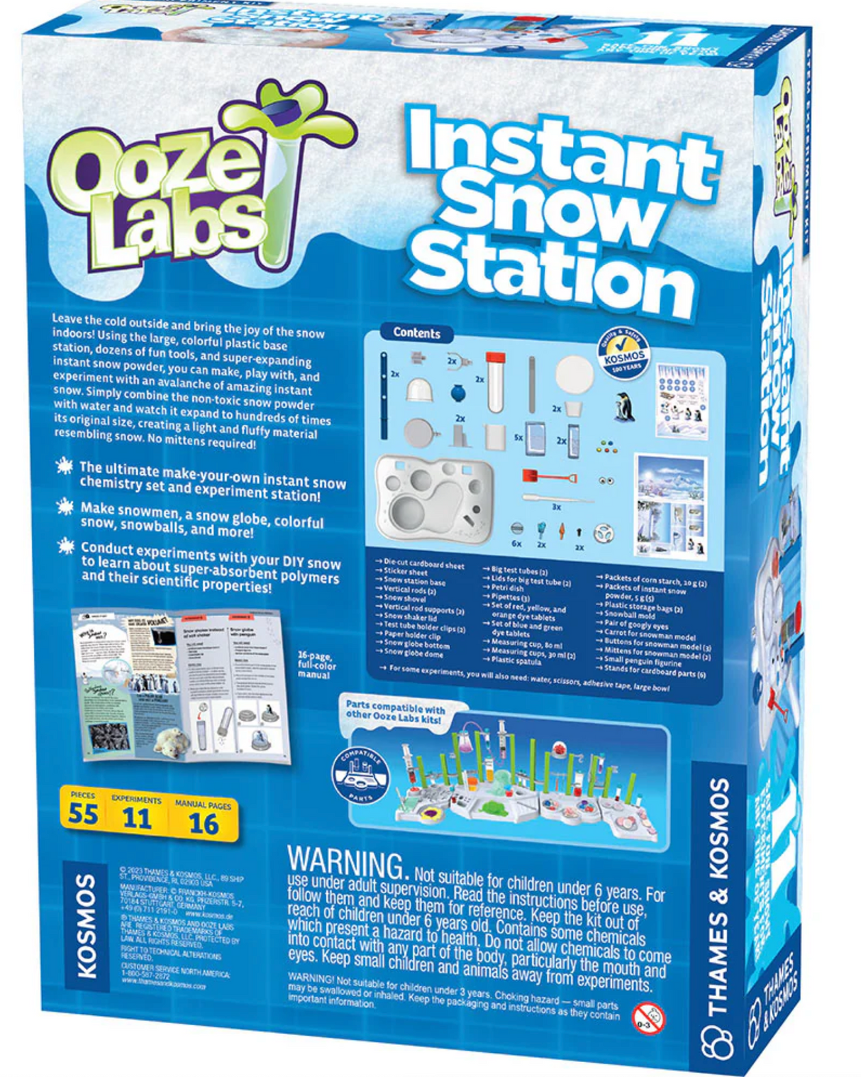 Ooze Labs: Instant Snow Station kit with colorful base, tools, and instant snow powder for fun snow experiments.
