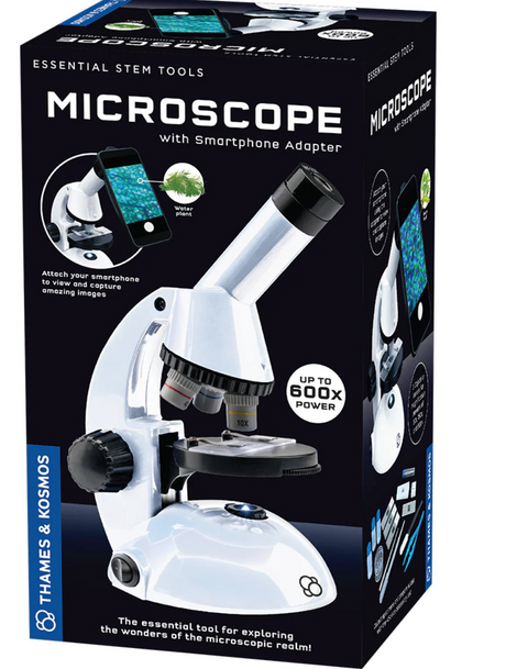 Microscope with smartphone adapter for up to 600x magnification, LED light, and STEM learning tools for students.