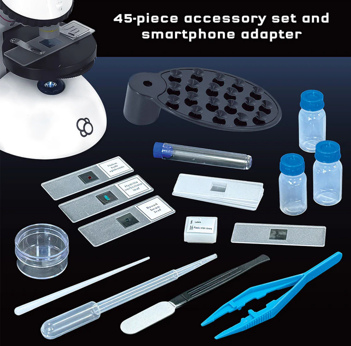 Microscope with 45-piece accessory set including slides, vials, tweezers, and smartphone adapter for detailed specimen viewing.