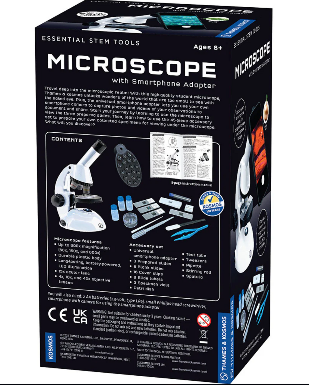 Microscope product with smartphone adapter, prepared slides, accessories, and up to 600x magnification for students ages 8 and up.