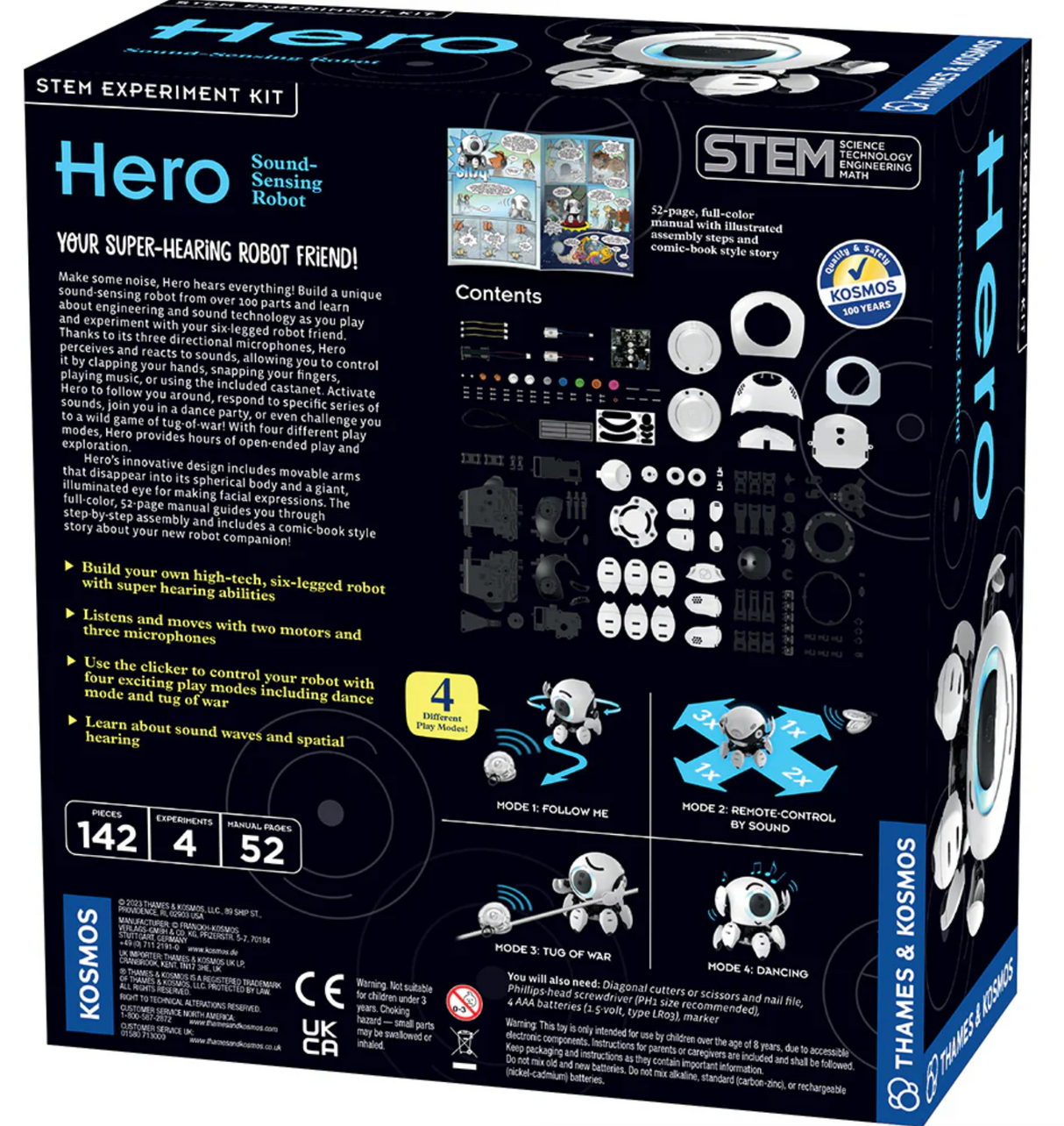 Hero Sound Sensing Robot STEM kit box showing parts, play modes, and educational features for building a sound-reactive robot.