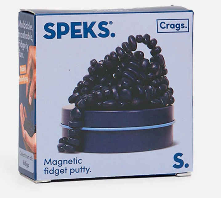 Speks. Matte. Mini Crags. Indigo. magnetic fidget putty in a round tin with indigo-colored malleable putty.