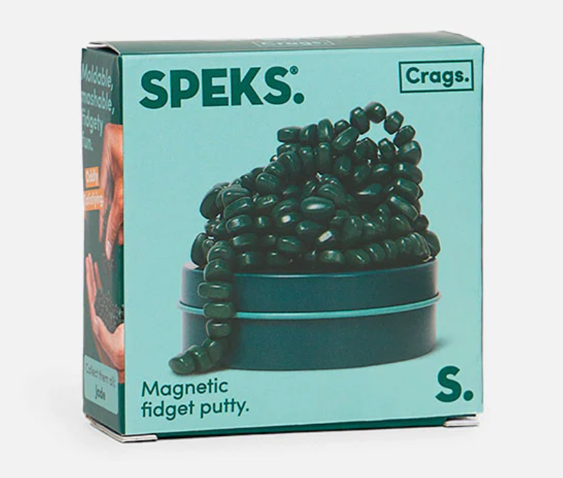 Speks. Matte. Mini Crags. Jade. showing magnetic fidget putty in a small tin for on-the-go use.