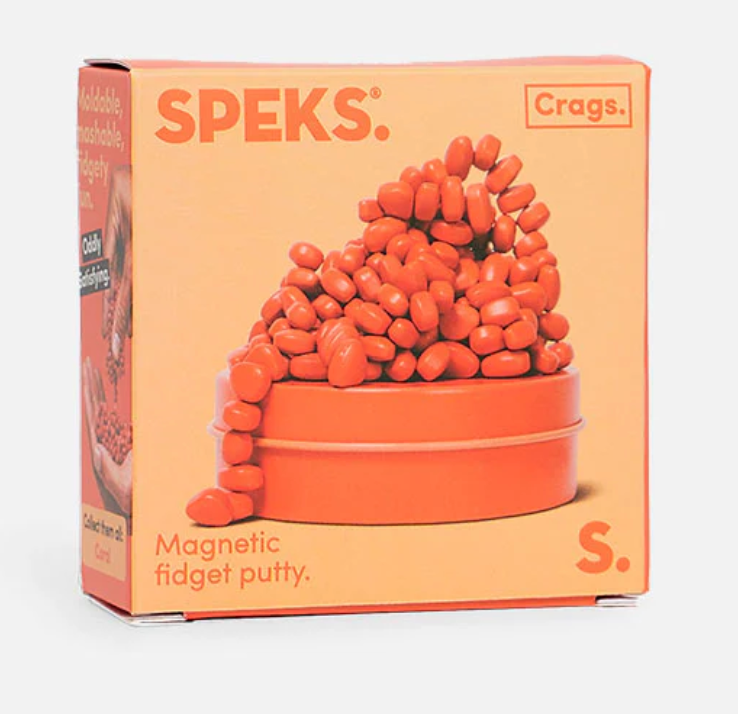 Speks. Matte. Mini Crags. Coral. magnetic putty in a small coral tin for on-the-go sensory play.