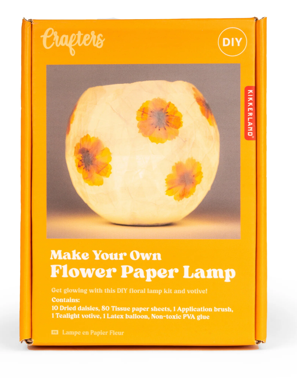 Crafters Flower Paper Lamp DIY kit with dried daisies, tissue paper, glue, brush, balloon, and electric tealight votive.