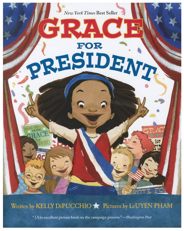 Grace for President book cover showing a joyful girl celebrating her school election campaign victory.