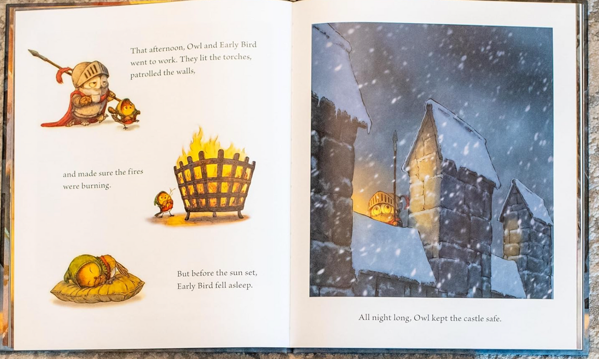 Knight Owl and the Early Bird shows Owl and Early Bird keeping the castle safe by lighting torches and patrolling.