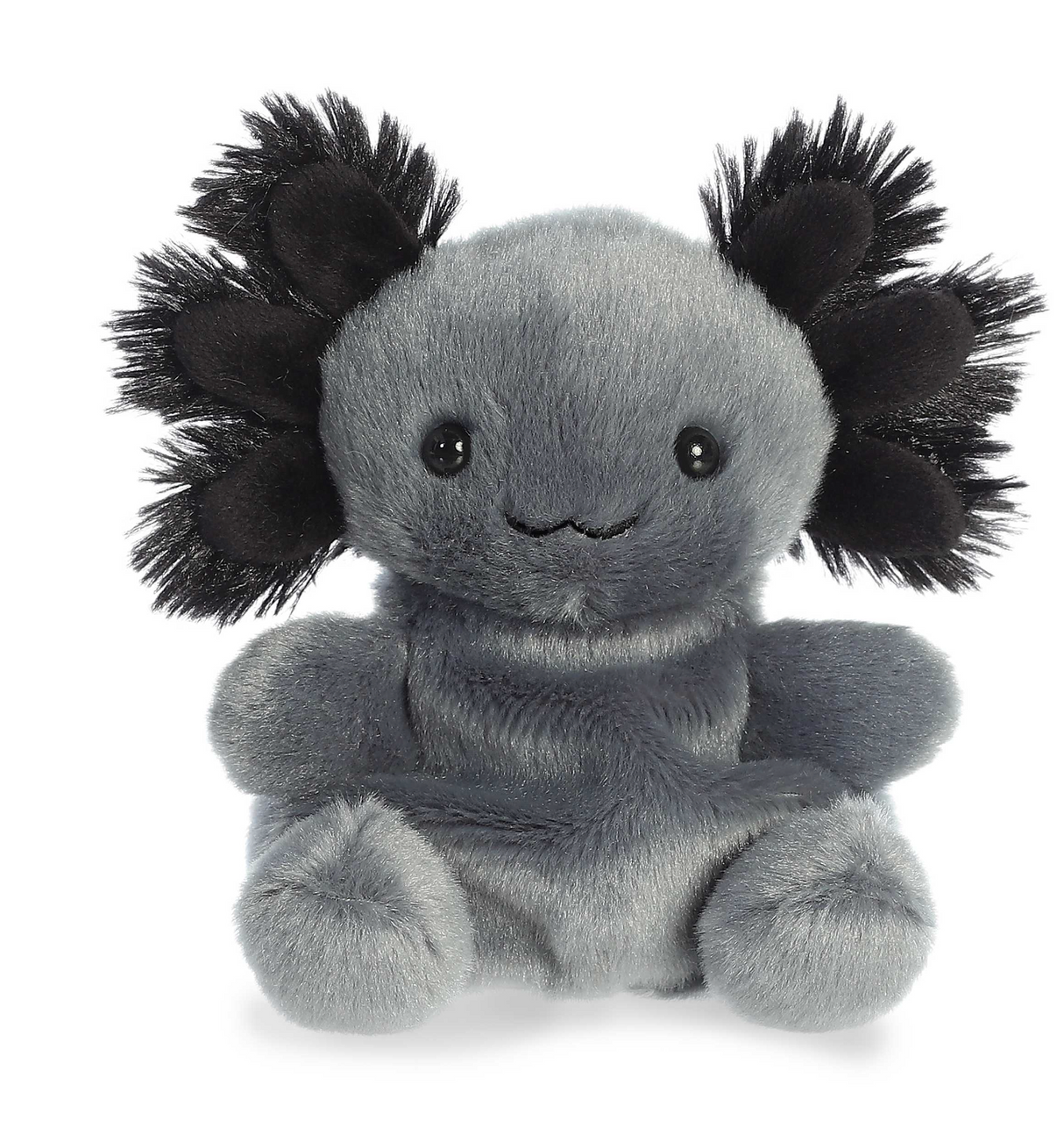 Palm Pals Axolotl Onyx plushie with velvety charcoal-grey body and fluffy dark tufts resembling axolotl gills.