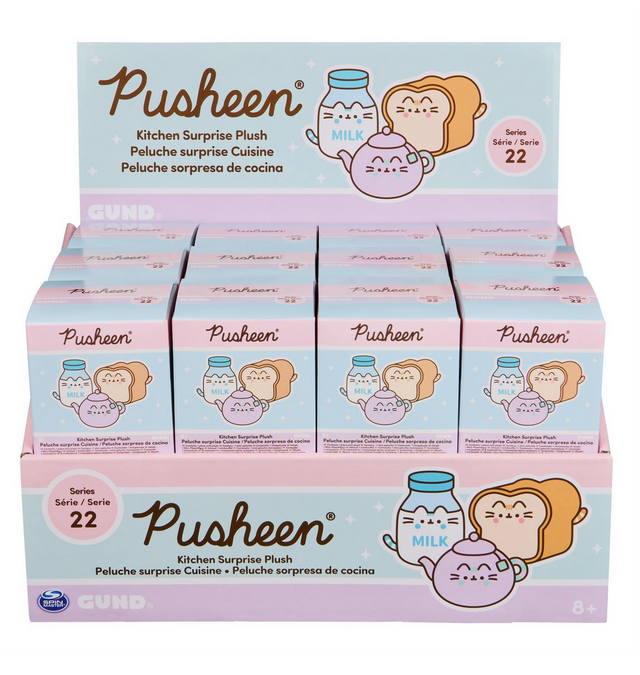 Pusheen Kitchen Surprise Blind Box display with milk, bread, and cat illustrations, series 22 collectible plush toys.
