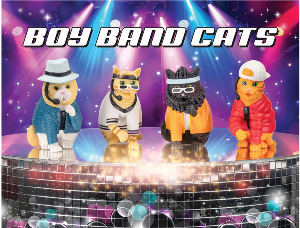 Boy Band Cats set of four vinyl figures dressed as 1990s pop stars on a shiny stage with colorful lights.