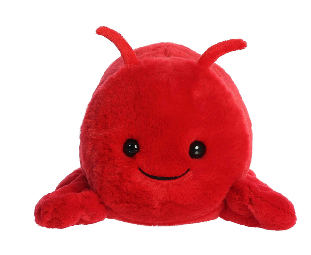 Soft red plush toy with smiling face and antennae, Spudster Lobster Lani from Aurora's whimsical collection.