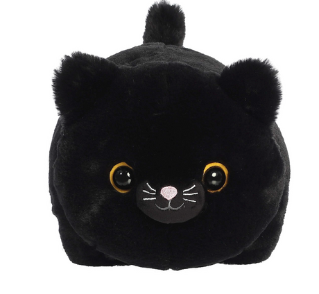 Spudster Black Cat Bella plush with soft black fur, yellow eyes, and a cute potato-shaped kitten design.
