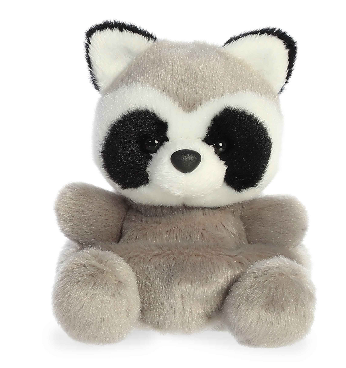 Palm Pals Raccoon Rascal plush toy with light gray fur and black raccoon mask markings, soft and cuddly.