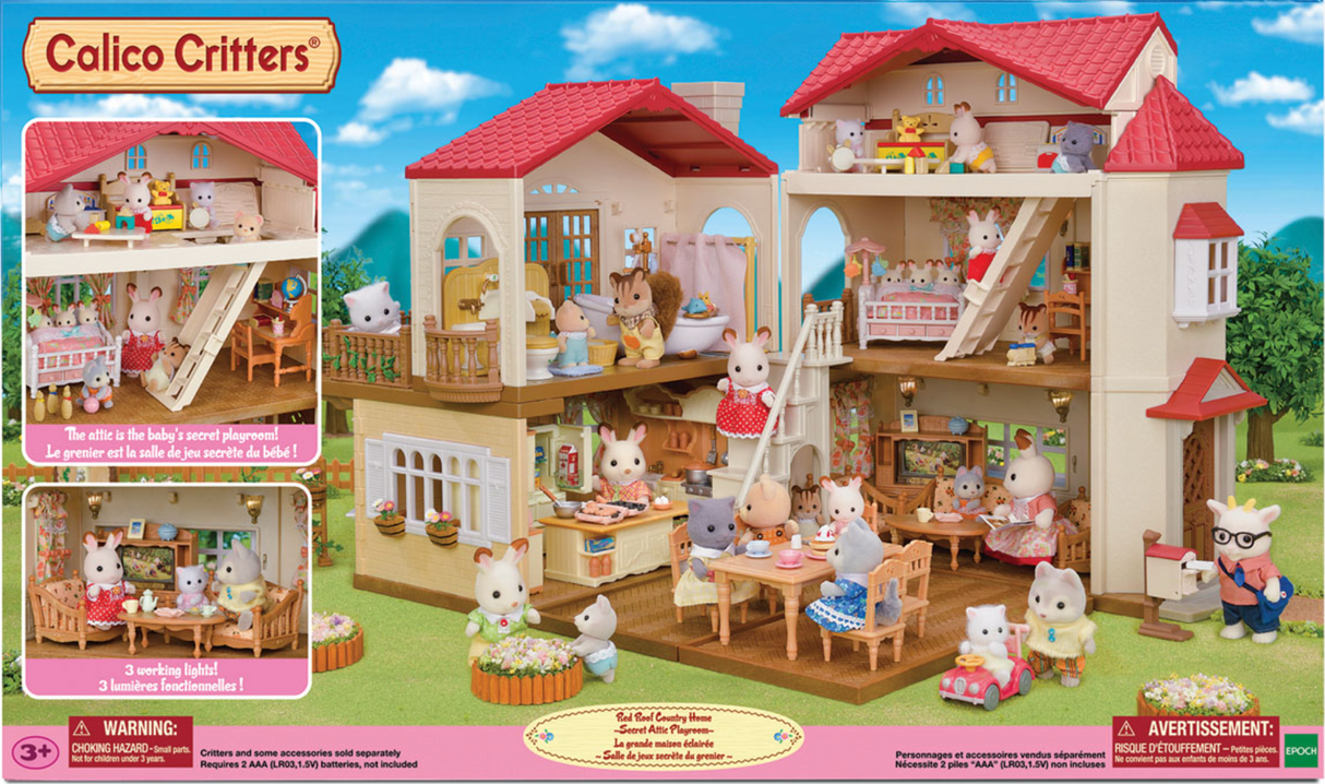 Red Roof Country Home dollhouse with removable floors, secret attic, furniture, and animal figures for imaginative play.