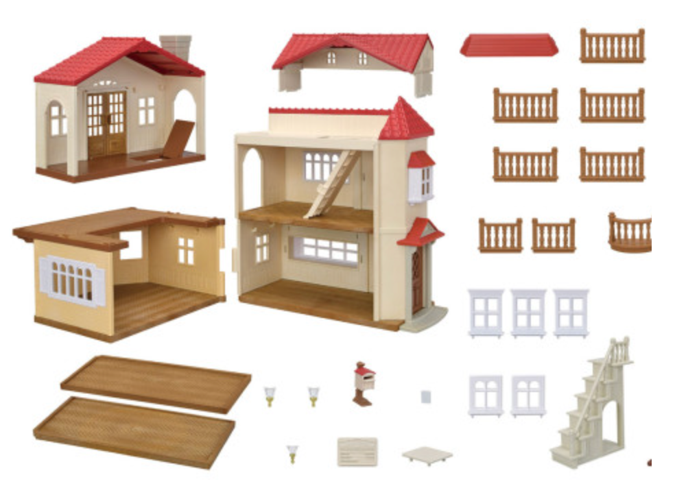 Red Roof Country Home dollhouse with removable parts, three stories, secret attic playroom, and accessories for imaginative play.