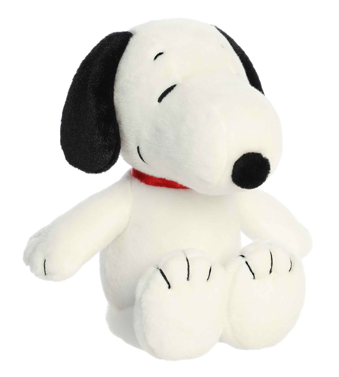 Snoopy Floppy Legs plush showing soft white fabric, black ears, red collar, and stitched classic Snoopy features.