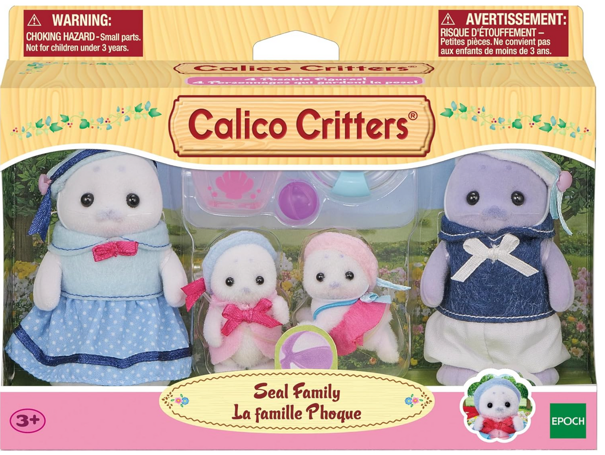 Seal Family Calico Critters with father, mother, and babies wearing marine-style clothes and pool accessories in packaging.
