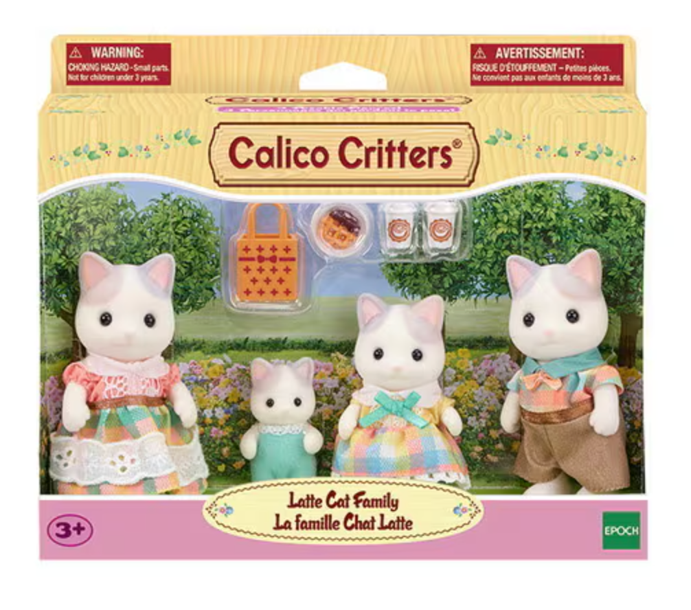 Latte Cat Family with father, mother, girl, baby figures in colorful outfits plus drinks, waffle, and shopping bag accessories.